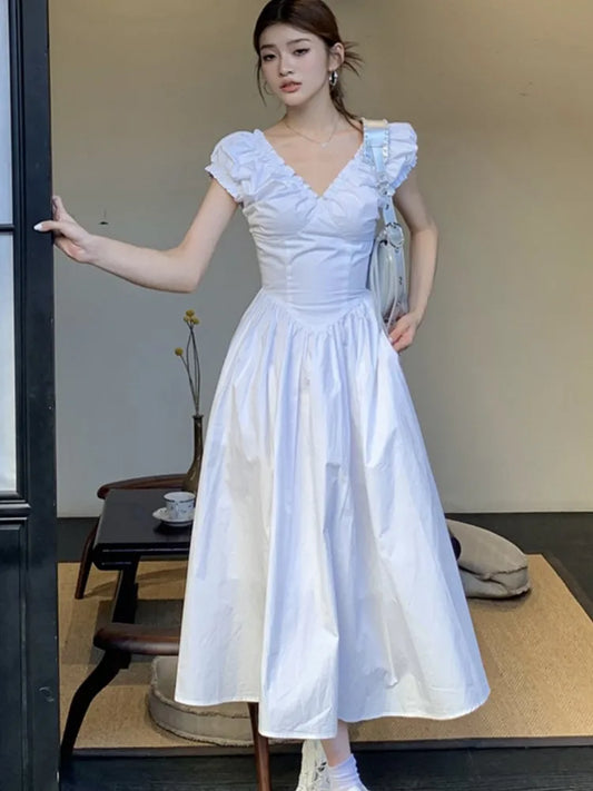 Midi Dresses for Korean V-neck Backless High Waist Puff Sleeve A-line Party Dress Summer Vestidos Mujer