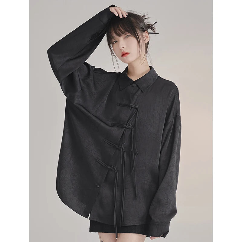 French Elegance Black Blouses Baggy Lapel Collar Korean Lady Sweet Cross Bandage Exquisite Shirts Single Breasted