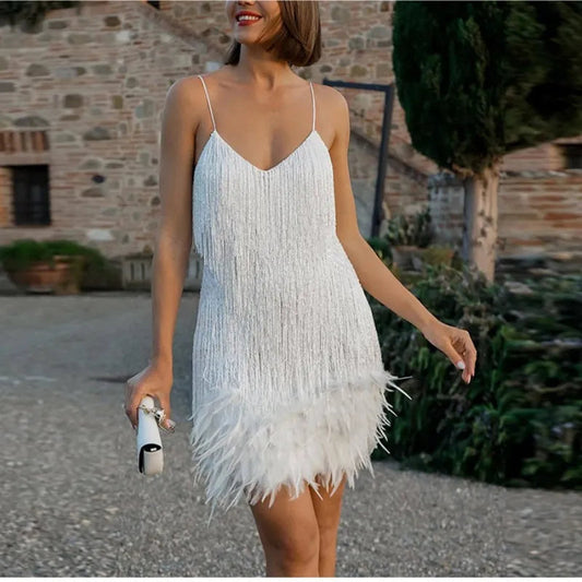 New Tassel Sequins Feather Mini Dress Spaghetti Strap Stitching Dresses Female Evening Party Club Dress