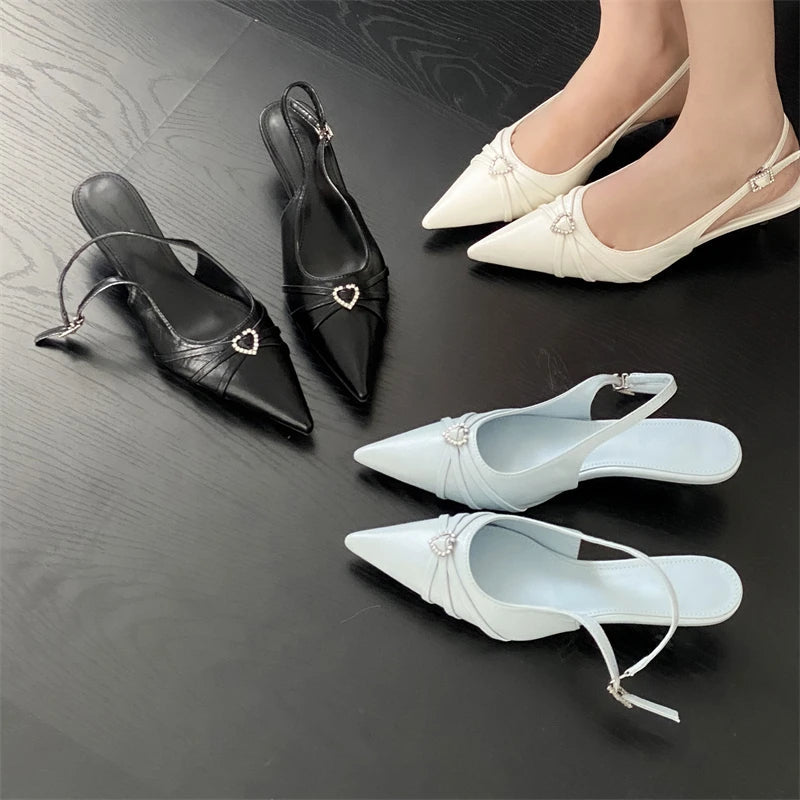 Spring Pointed Toe Slingbacks Pumps Buckle Strap Thin Low Heels Party Prom Female Shoes