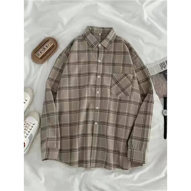 Oversized Plaid Shirts Long Sleeve Blouses Harajuku Korean Pocket Loose All Match Tops New