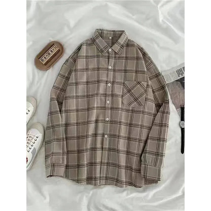 Oversized Plaid Shirts Long Sleeve Blouses Harajuku Korean Pocket Loose All Match Tops New