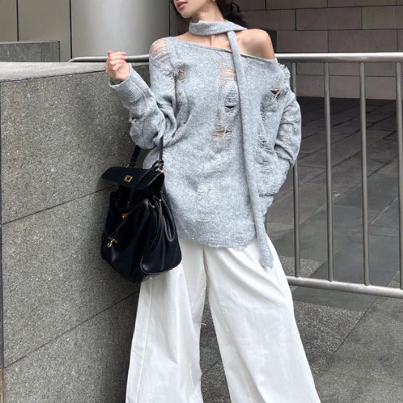 High Street Gray Hollow Hole Long Sleeve Sweater Autumn New Korean Strapless Laceup Loose Knitted Tops
