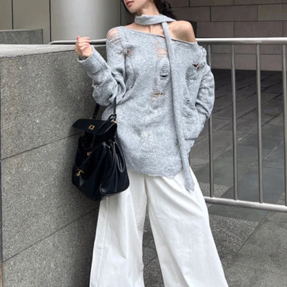 High Street Gray Hollow Hole Long Sleeve Sweater Autumn New Korean Strapless Laceup Loose Knitted Tops