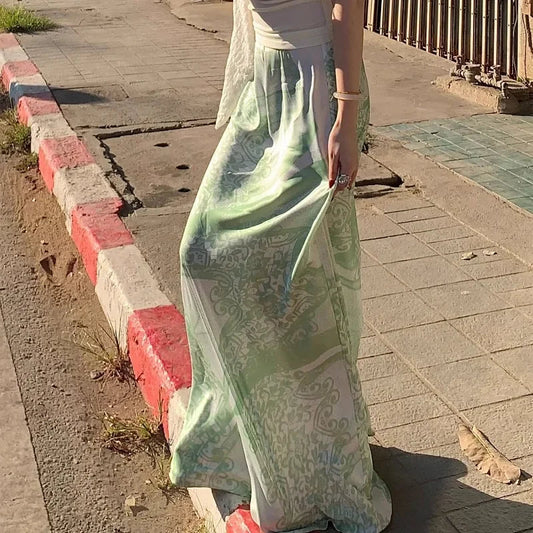 American Print Green Aline Skirt Summer New High Waist All Match Patchwork Midlength Skirt