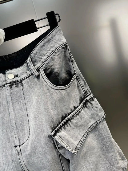 Gradient Multiple Pockets Design Jeans Single Button High Waist Denim Pants Autumn Female New