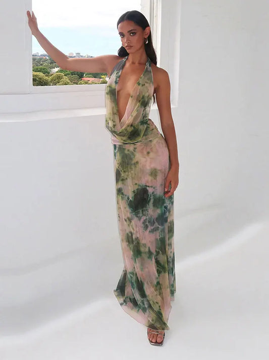 Printed Lace Up Deep Vneck Halter Dress Backless Sleeveless Long Dresses Summer Party Beach Vacation Vestido