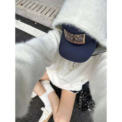 Mohair Hooded Sweater Oversized White Knitted Pullovers Korean Long Sleeve Knitwear Winter Zipper Jumpers
