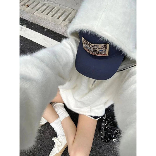 Mohair Hooded Sweater Oversized White Knitted Pullovers Korean Long Sleeve Knitwear Winter Zipper Jumpers