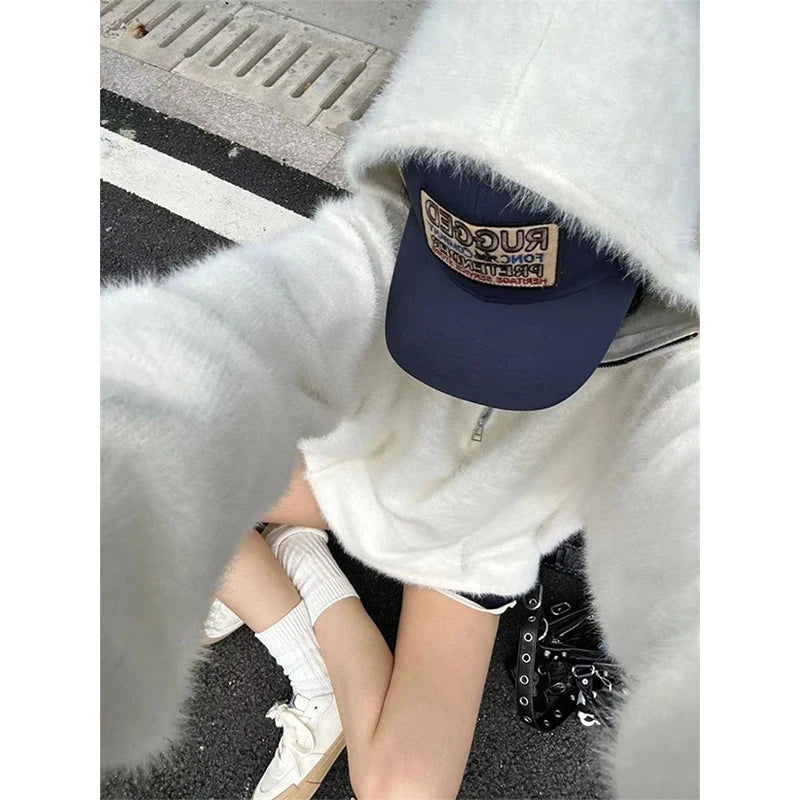 Mohair Hooded Sweater Oversized White Knitted Pullovers Korean Long Sleeve Knitwear Winter Zipper Jumpers