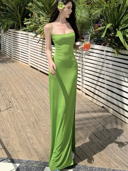 Spaghetti Strap Green Long Dresses Slash Neck Sleeveless Bodycon Party Dress Summer Holiday Beach Vestidos Robe New