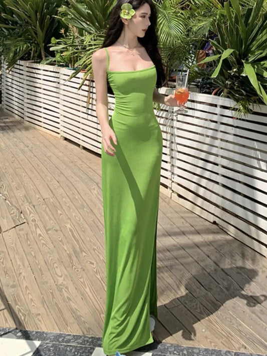 Spaghetti Strap Green Long Dresses Slash Neck Sleeveless Bodycon Party Dress Summer Holiday Beach Vestidos Robe New