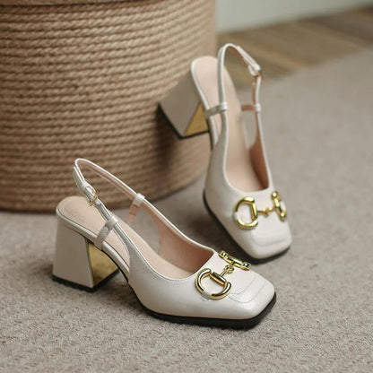 Mary Jane Shoes 4143 French Square Headed Thick Heels High Heels Single Shoes Baotou Letter Sandals