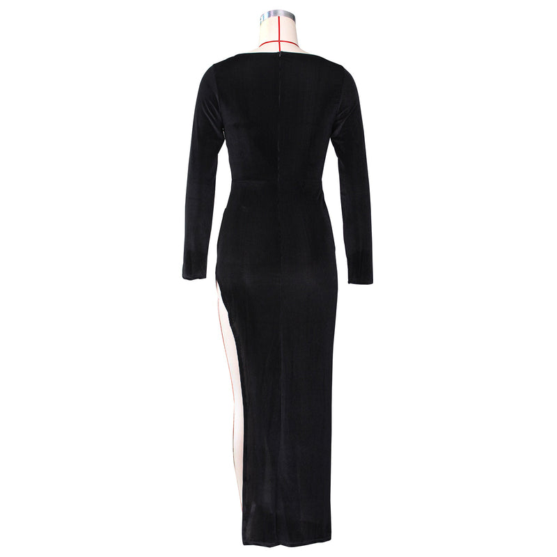Velvet High Waist Slit Maxi Dress Long Sleeve Evening Party Dress