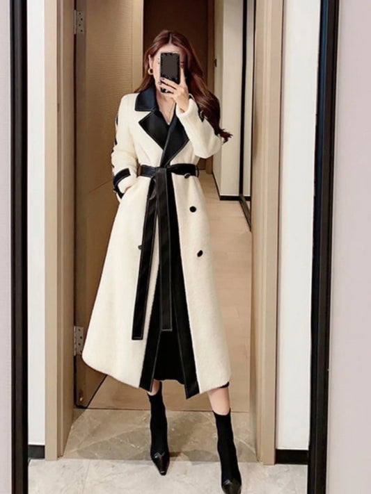 Autumn Winter Woolen Coat Patchwork Long Jackets With Belt Lapel Korean Female Outerwear New Soft Overcoat