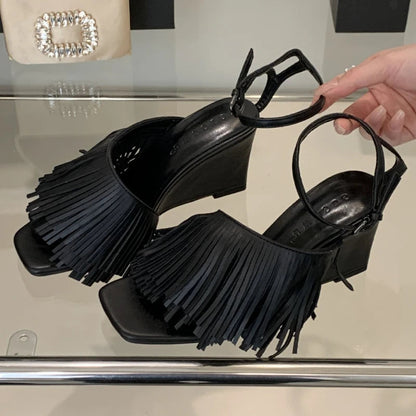 Tassels Designer Wedge Sandals Open Toe Summer New Ankle Strap High Heels Female Dress Shoes Pumps