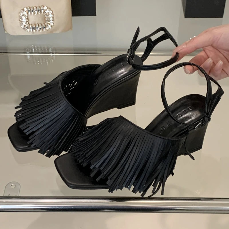 Tassels Designer Wedge Sandals Open Toe Summer New Ankle Strap High Heels Female Dress Shoes Pumps