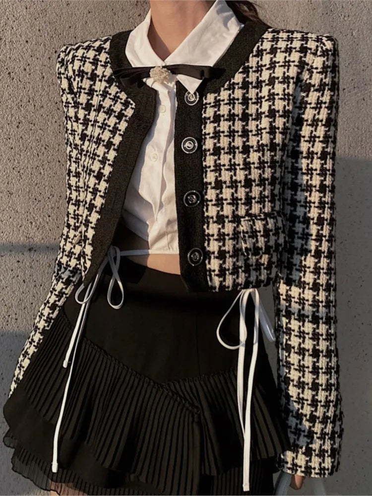 Cropped Jacket French Single Breasted Long Sleeve O-neck Top Autumn Y2k All-match Houndstooth Coats New