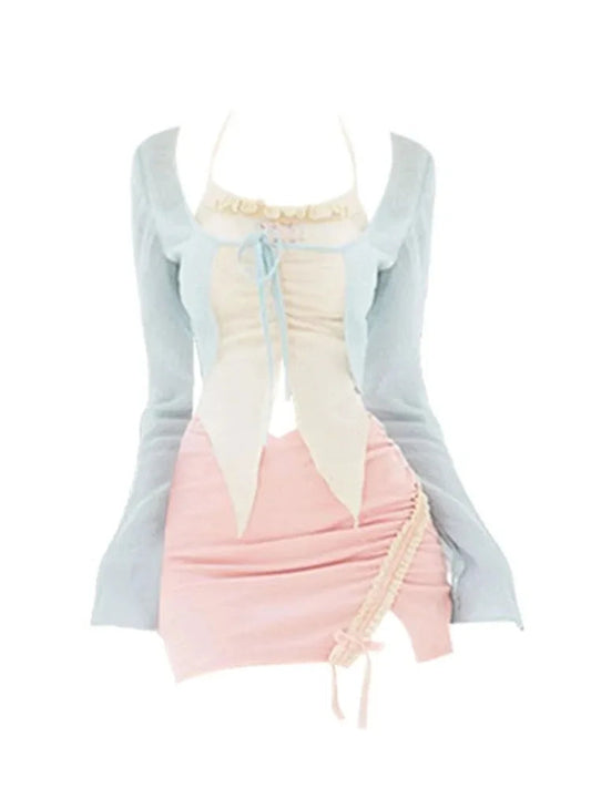 2000s Japanese Gyaru Hot Fairy Core Outfits 3 Piece Set Kawaii Camisole + Coquette Bolero Mini Micro Skirt