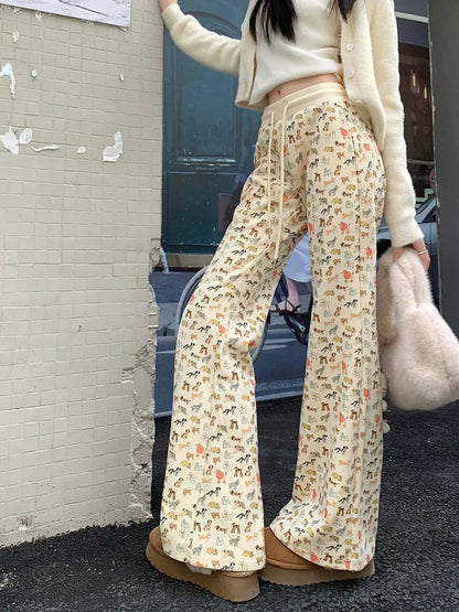 Puppy Print Sweat Y2k Pants Female Autumn Winter Plus Fleece High Waisted Slim Rope Flared Straight Leg Pants