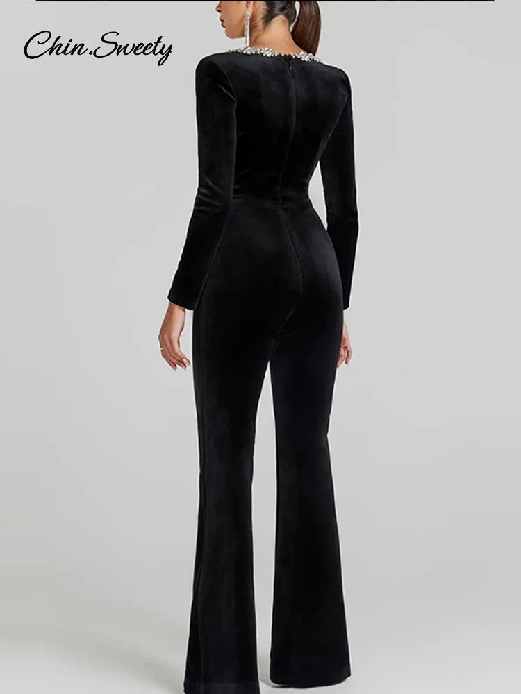 Black Beaded Velvet Jumpsuits for One Piece Long Sleeve Square Collar Full Length Jumpsuit Christmas Evening Party Gown