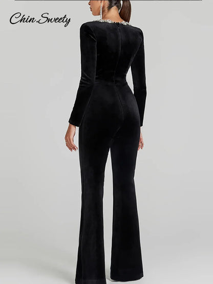 Black Beaded Velvet Jumpsuits for One Piece Long Sleeve Square Collar Full Length Jumpsuit Christmas Evening Party Gown