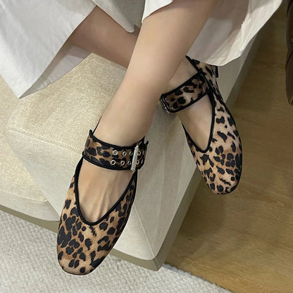 Large Size 43 Round Toe Buckle Strap Flat Shoes Design Style Leopard Print Mule Zapatos De Mujer