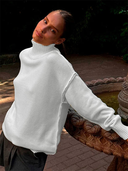 Winter Knit Turtleneck Pullover Female Clothes Loose Ribbed Patchwork Long Sleeve Oversized Sweater Knitwear