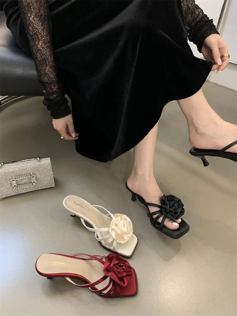 Red Rose Handmade Flower Sandal Heels Summer New Wedding Shoes Bride Shoes Design Pumps