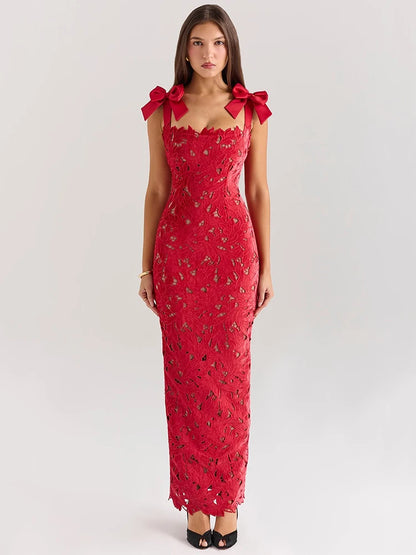 Bows Lace Maxi Dress for Sleeveless Backless Bodycon New Year’s Birthday Club Party Long Dress