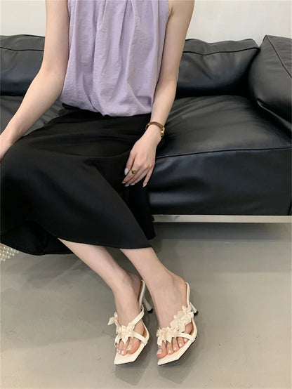 Designer Yellow Silk Flowers Narrow Band Square Toe Mules Low Thin Heels Slippers Gladiator Sandals Summer Shoes
