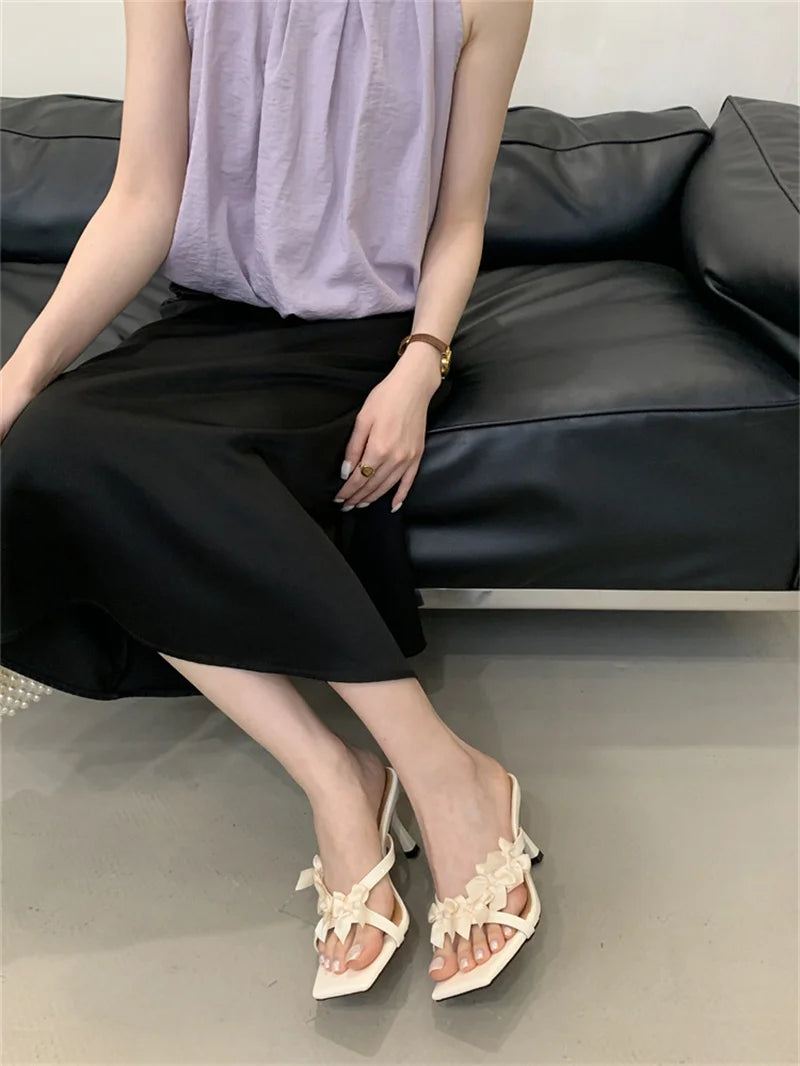 Designer Yellow Silk Flowers Narrow Band Square Toe Mules Low Thin Heels Slippers Gladiator Sandals Summer Shoes