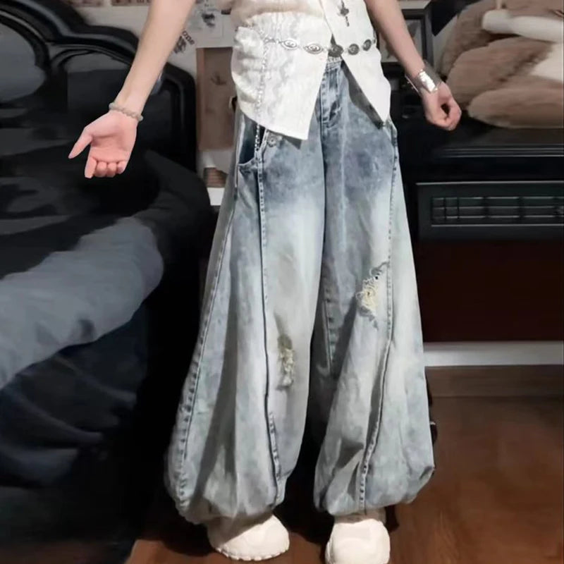 Y2k Jeans Aesthetic Harajuku Baggy Ripped Denim Trousers Summer 2000s Style Bloomers Jean Pants Light Blue