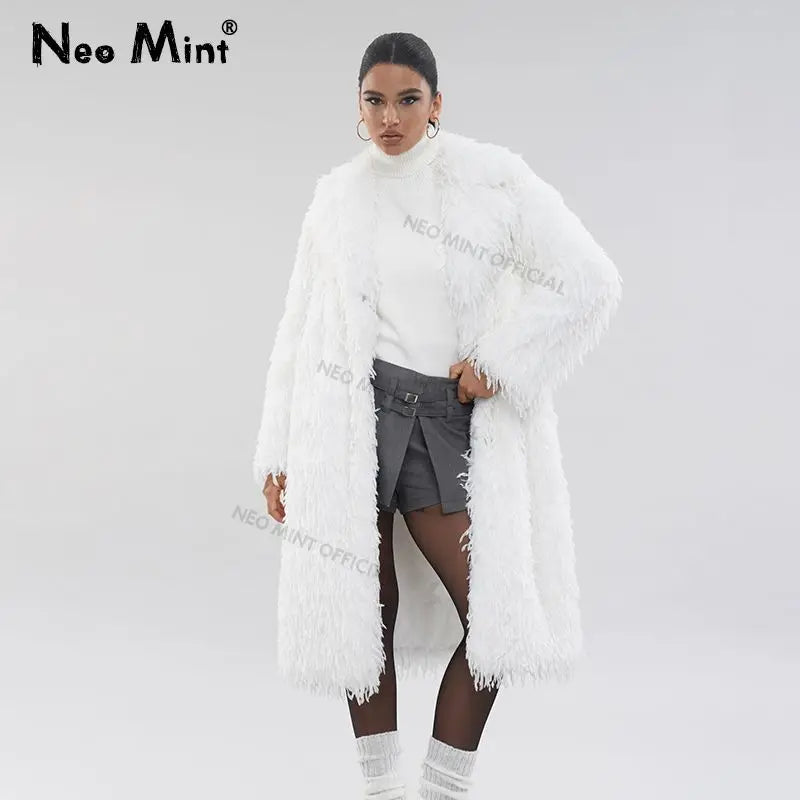 High Street Feathers Eco Fur Coat Winter Lapel Faux Fox Fur Jacket Long Fluffy Fur Overcoat Female
