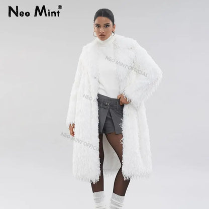 High Street Feathers Eco Fur Coat Winter Lapel Faux Fox Fur Jacket Long Fluffy Fur Overcoat Female