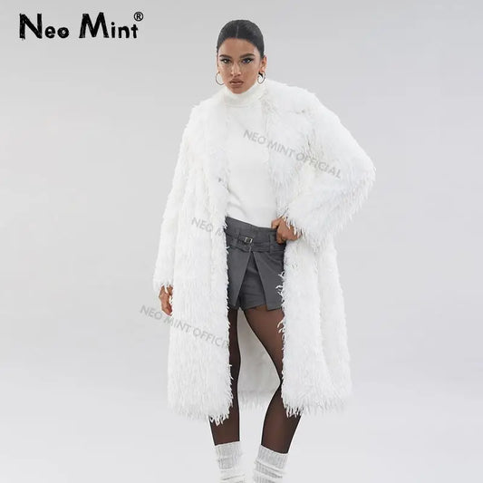High Street Feathers Eco Fur Coat Winter Lapel Faux Fox Fur Jacket Long Fluffy Fur Overcoat Female