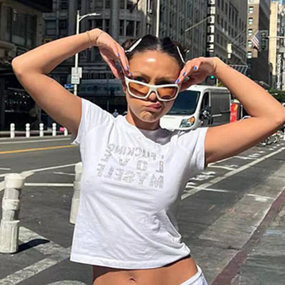 Summer European and American Style Short Sleeved T-shirt With Letter Hot Diamond Top, T-shirt With Slim Fit Inside for