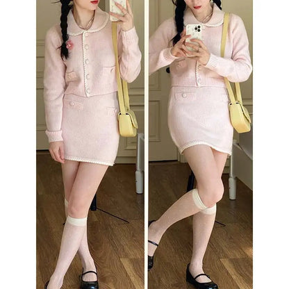 Sweet Hot Girl Suit Autumn Turndown Collar Knitted Cardigan High Waist Wrap Hip Skirt Twopiece Set Female Clothes