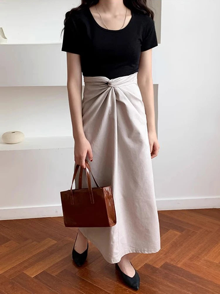 Korean Skirt Design Twist Linen Summer New High Waist Slimming Aline Long Skirts