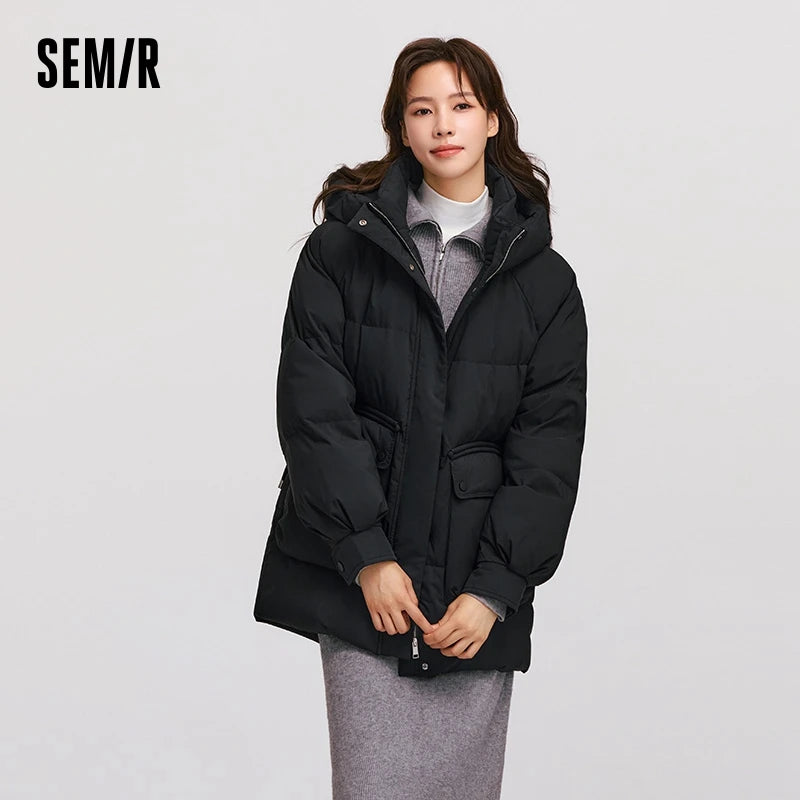 Down Jacket Mid-length Loose Raglan Sleeve Simple Warm Winter Three-defense Hooded Coat