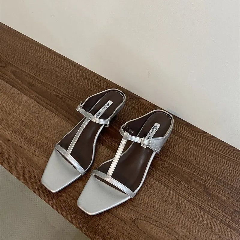 Summer Slipper Square Heels Sandals Square Toe Party Wedding Shoes Slip on Beach Slides Mujer