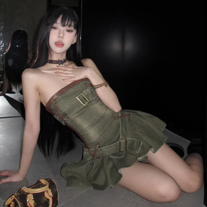 Pu Leather Stitching Denim Aline Mini Dress French Y2k Laceup Dress Korean Retro Clothing