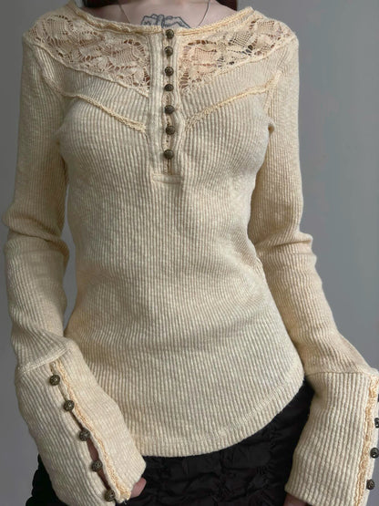 Retro Button Lace Knitted ��s Base T-shirts Long Sleeves Exquisite Slim Fit Autumn Basic Blouses