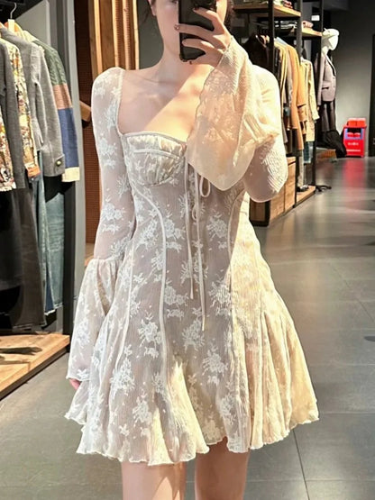 French Lace Mini Dress Y2k Off Shoulder Lace Up Ruffles Aline Autumn Spring Long Sleeve Party Dress Prom Vestidos