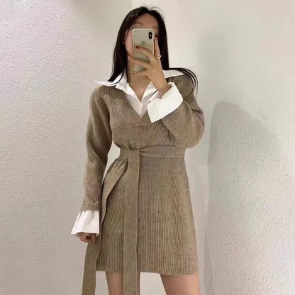 Korean Mini Dresses Turn-down Collar Long Sleeve Shirt Patchwork Autumn Winter Knitted Dress Vestidos