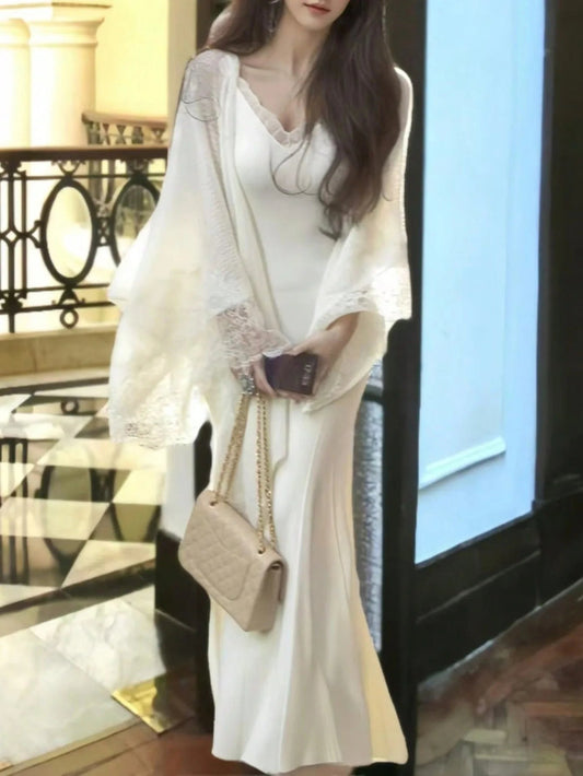 Knitted 2 Piece Set Lace Spliced Shawl Mermaid Dress Outfits Autumn Winter Sweater Party Clothes New