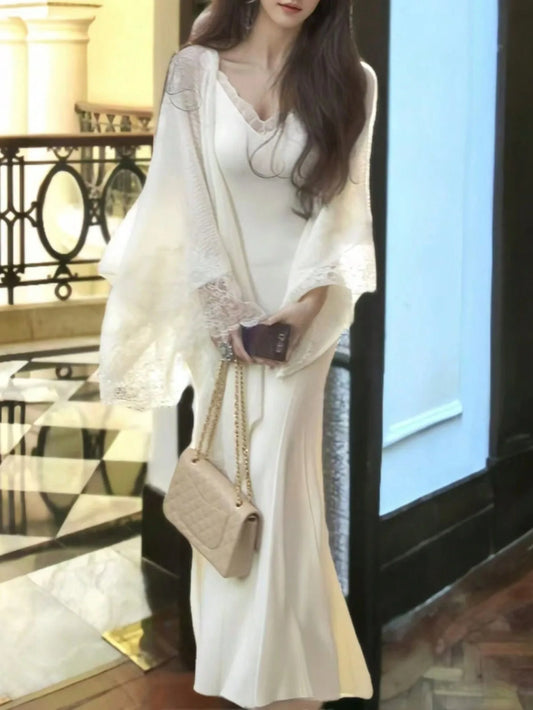 Knitted 2 Piece Set Lace Spliced Shawl Mermaid Dress Outfits Autumn Winter Sweater Party Clothes New
