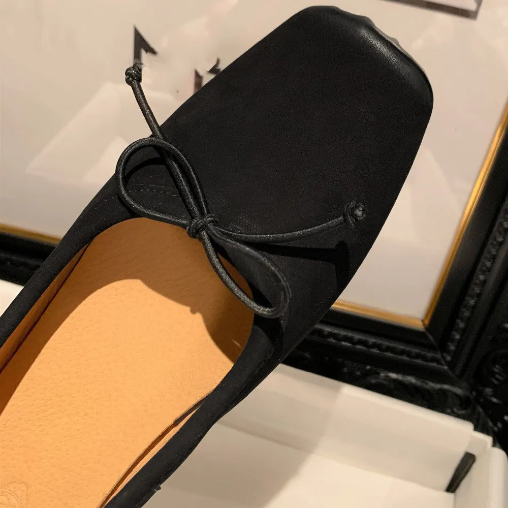 Cow Leather Square Toe Slipon Ballet Flats Sweet Bowtie Female Soft Comfortable Shoes for Hot