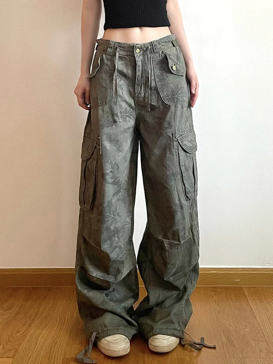 Print Camouflage Cargo Jeans Pockets Mid Waist Preppy Hippie Straight Denim Pants