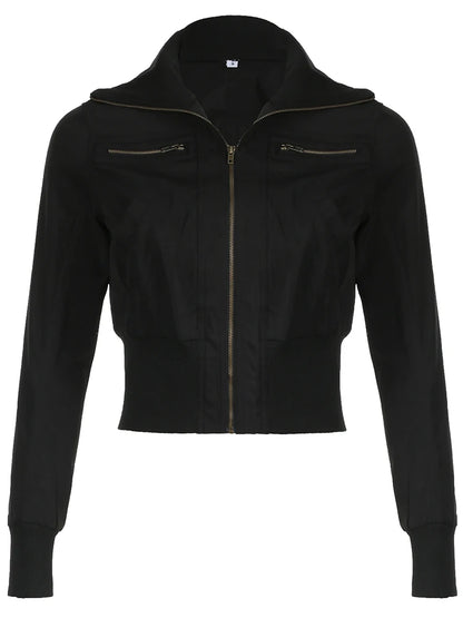 Korean Street Style Black Zip Up Turtleneck Slim Long Sleeve Bomber Jackets for Autumn New Gothic Outwears
